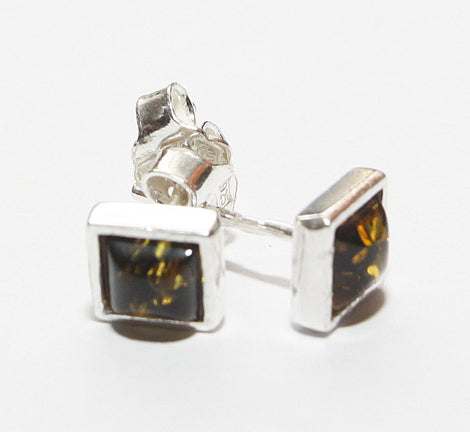 Brown Green Baltic Amber Bead Silver Square Stud Earrings
