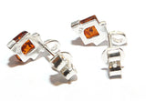 Diamond Cognac Baltic Amber Bead Silver Ribbon Stud Earrings
