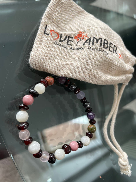 17cm Adult Cherry Baltic Amber & Gemstone Stretch Bereavement Bracelet - Astrid - 5 Moonstone Beads Love Amber X Baltic Amber Jewellery