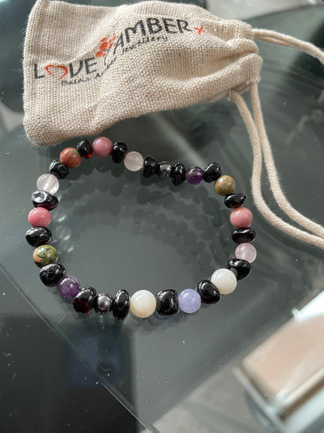 18cm Adult Cherry Baltic Amber & Gemstone Stretch Bereavement Bracelet - Astrid - 2 Moonstone Bead Love Amber X Baltic Amber Jewellery