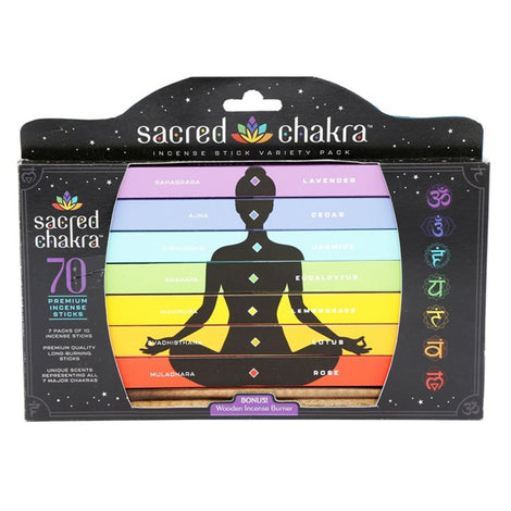 Sacred Chakra Incense Stick Gift Pack - 70 Sticks With Wooden Holder