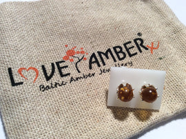 Round Green Baltic Amber Bead Silver Stud Earrings