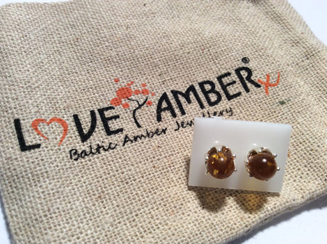 Round Green Baltic Amber Bead Silver Stud Earrings