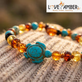 Childs Koopa Blue Turtle Jasper and Polished Rainbow Mixed Baltic Amber Necklace