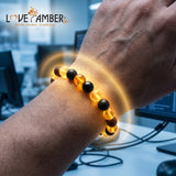 Adult Zeus Honey Polished Baltic Amber Lava Stone Shungite Beads Stretch Bracelet