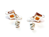 Diamond Shape Cognac Baltic Amber Bead Silver Claw Stud Earrings