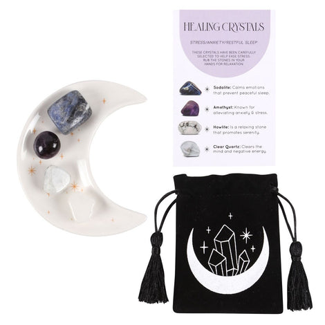 Stress Healing Gemstone Crystal Set with Moon Shaped Trinket Dish