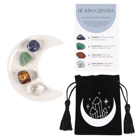 Success Healing Crystal Tumblestone Set with Moon Trinket Dish