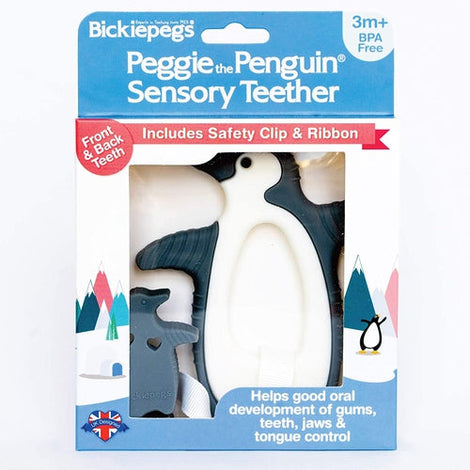 Bickiepegs Peggie the Penguin Clip-on Sensory Teething Toy - Teether Ring Toy For Babies and Toddlers for Front and Back Teeth - UK Made Bickiepegs