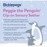 Bickiepegs Peggie the Penguin Clip-on Sensory Teething Toy - Teether Ring Toy For Babies and Toddlers for Front and Back Teeth - UK Made Bickiepegs