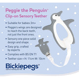 Bickiepegs Peggie the Penguin Clip-on Sensory Teething Toy - Teether Ring Toy For Babies and Toddlers for Front and Back Teeth - UK Made Bickiepegs