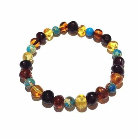 Adult Autumn Rain Jasper Rainbow Mixed Baltic Amber Stretch Bracelet Love Amber X