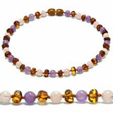 Adult Dark Tara Cognac Baltic Amber Amethyst Rose Quartz Necklace Love Amber X
