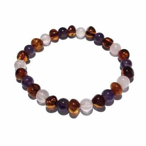 Adult Dark Tara Cognac Baltic Amber Amethyst Rose Quartz Stretch Bracelet Love Amber X