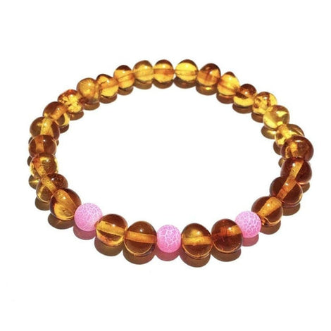 Adult Honeysuckle Polished Honey Baltic Amber Pink Agate Stretch Bracelet Love Amber X