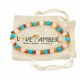 Adult Serena Aquamarine Rose Quartz Baltic Amber Stretch Bracelet Love Amber X