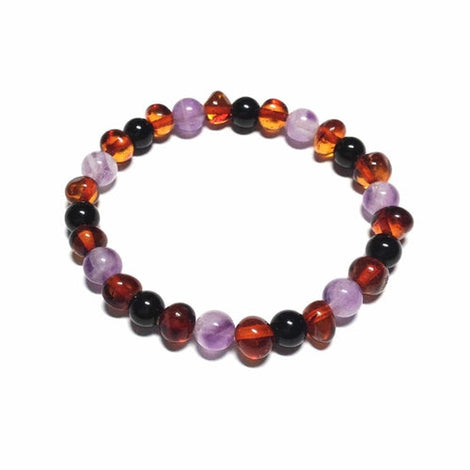 Adult Serenity Cognac Baltic Amber Amethyst Shungite Beads Stretch Bracelet Love Amber X