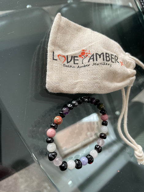 16cm Adult Cherry Baltic Amber & Gemstone Stretch Bereavement Bracelet - Astrid - 4 Moonstone Beads Love Amber X Baltic Amber Jewellery