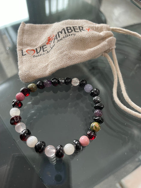 17cm Adult Cherry Baltic Amber & Gemstone Stretch Bereavement Bracelet - Astrid - 3 Moonstone Beads Love Amber X Baltic Amber Jewellery