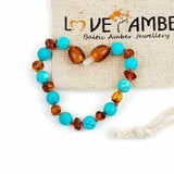 Child Azure Blue Turquoise Howlite Cognac Baltic Amber Anklet Bracelet Love Amber X