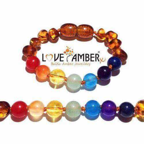 Raw Cognac Baltic Amber & Chakra Crystals Bracelet Set