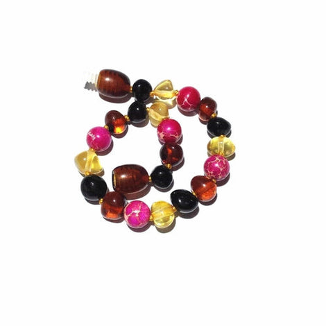 Child Cherry Bomb Pink Jasper and Rainbow Baltic Amber Anklet Bracelet Love Amber X