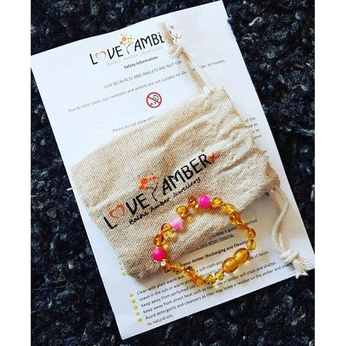 Girls Honeysuckle Pink Agate Honey Baltic Amber Anklet Bracelet