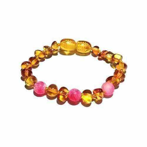 Girls Honeysuckle Pink Agate Honey Baltic Amber Anklet Bracelet