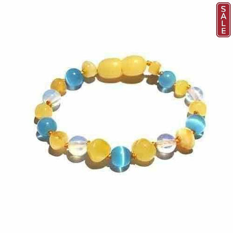 Child Ice Blue Cats Eyes Opalite and Butterscotch Baltic Amber Anklet Bracelet Love Amber X