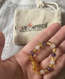 Child Tara Amethyst Purple Rose Quartz Gemstones Baltic Amber Anklet Bracelet Love Amber X