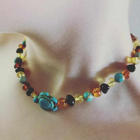 Childs Koopa Blue Turtle Jasper and Polished Rainbow Mixed Baltic Amber Necklace Love Amber X