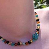 Childs Koopa Blue Turtle Jasper and Polished Rainbow Mixed Baltic Amber Necklace Love Amber X