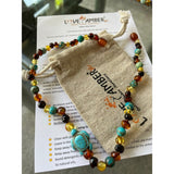 Childs Koopa Blue Turtle Jasper and Polished Rainbow Mixed Baltic Amber Necklace Love Amber X