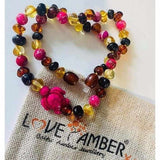 Childs Shelly Turtle Pink Jasper and Polished Rainbow Mixed Baltic Amber Necklace Love Amber X