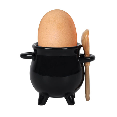 Black Shiny Cauldron Egg Cup with Broom Spoon Something D