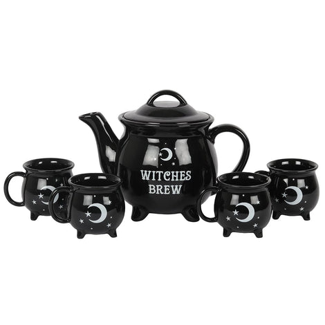Witches Brew Black Ceramic Cauldron Tea Set. 4 Cups and Teapot. Something D