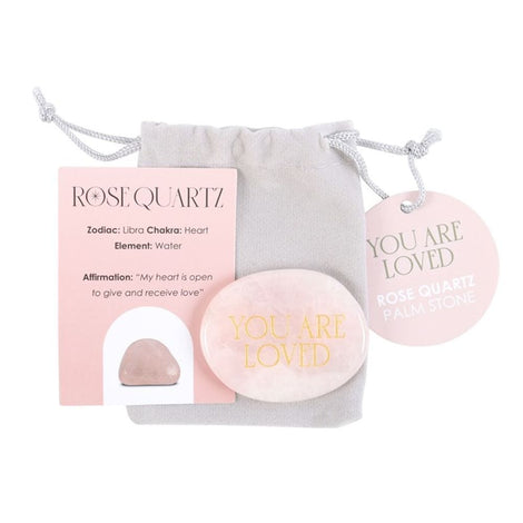 You Are Loved Pink Rose Quartz Crystal Palm Stone & Bag