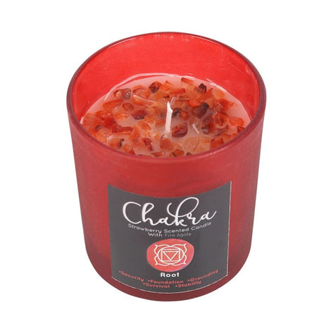 Root Chakra Strawberry Fire Agate Crystal Chip Candle - Red