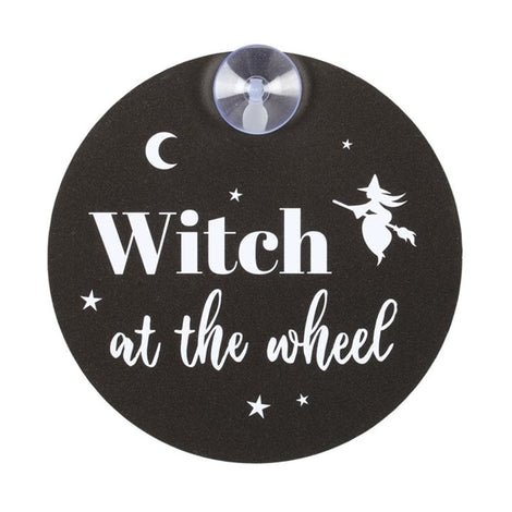 Witch at the Wheel Black White Moon Stars Car Window Sign