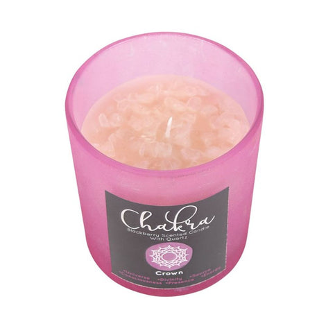 Crown Chakra Blackberry Clear Quartz Crystal Chip Candle - Pink