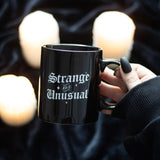 Strange and Unusual Mug Black White Gothic Style Text